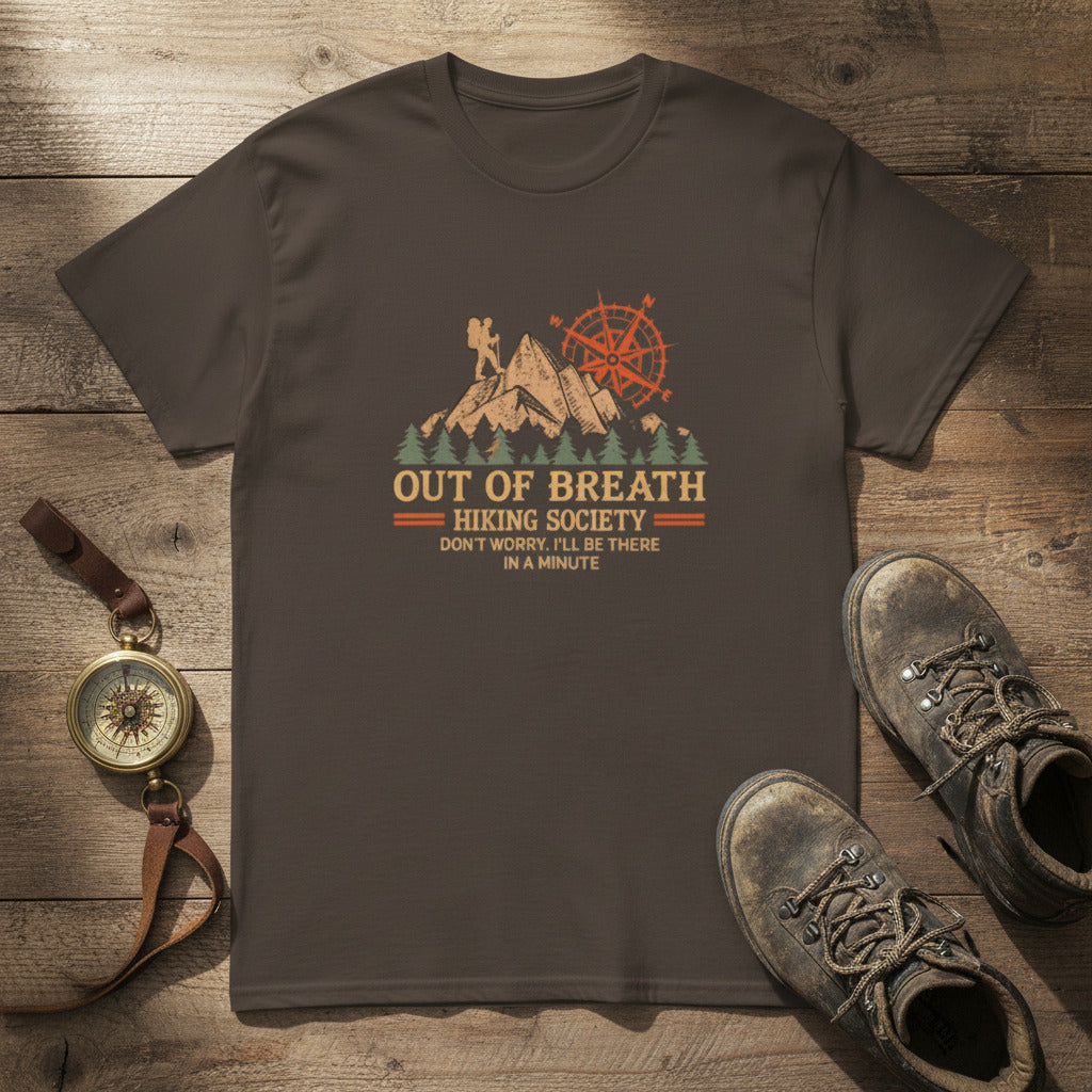 Funny hiking T-shirt, dark chocolate, crew neck, front compass and mountain graphic