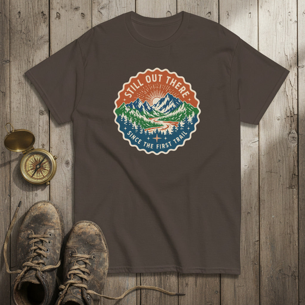 Dark brown hiking t-shirt with circular trail badge graphic at center chest.