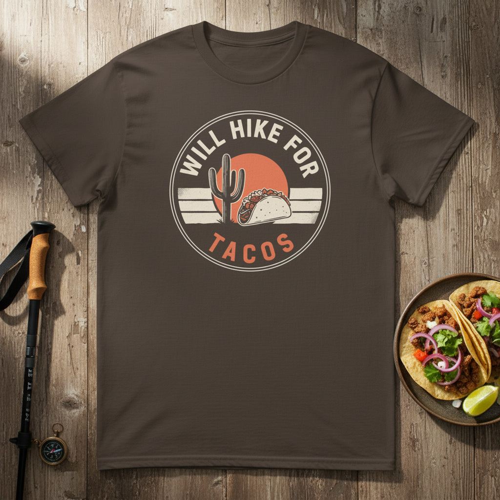 Dark brown hiking T-shirt with circular cactus and tacos graphic on front