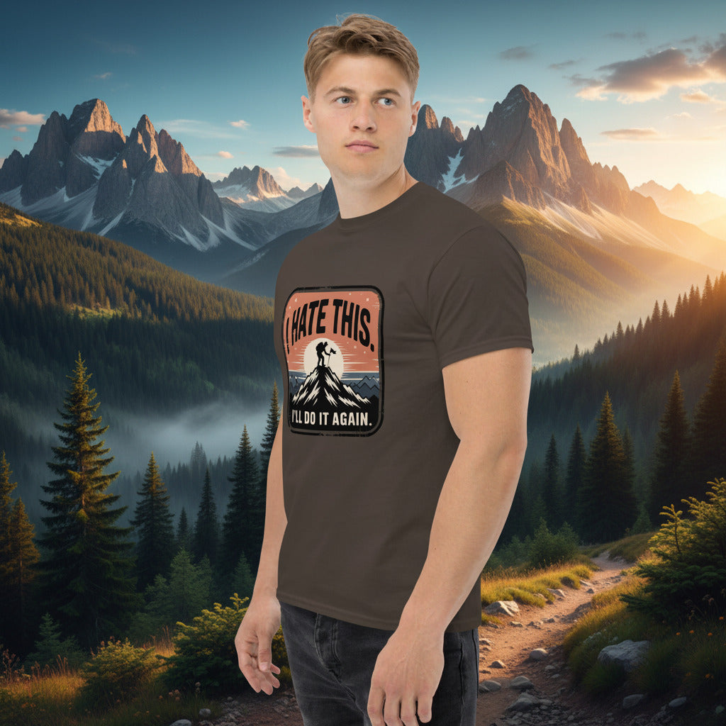 Dark brown hiking t-shirt with mountain graphic and I’LL DO IT AGAIN slogan
