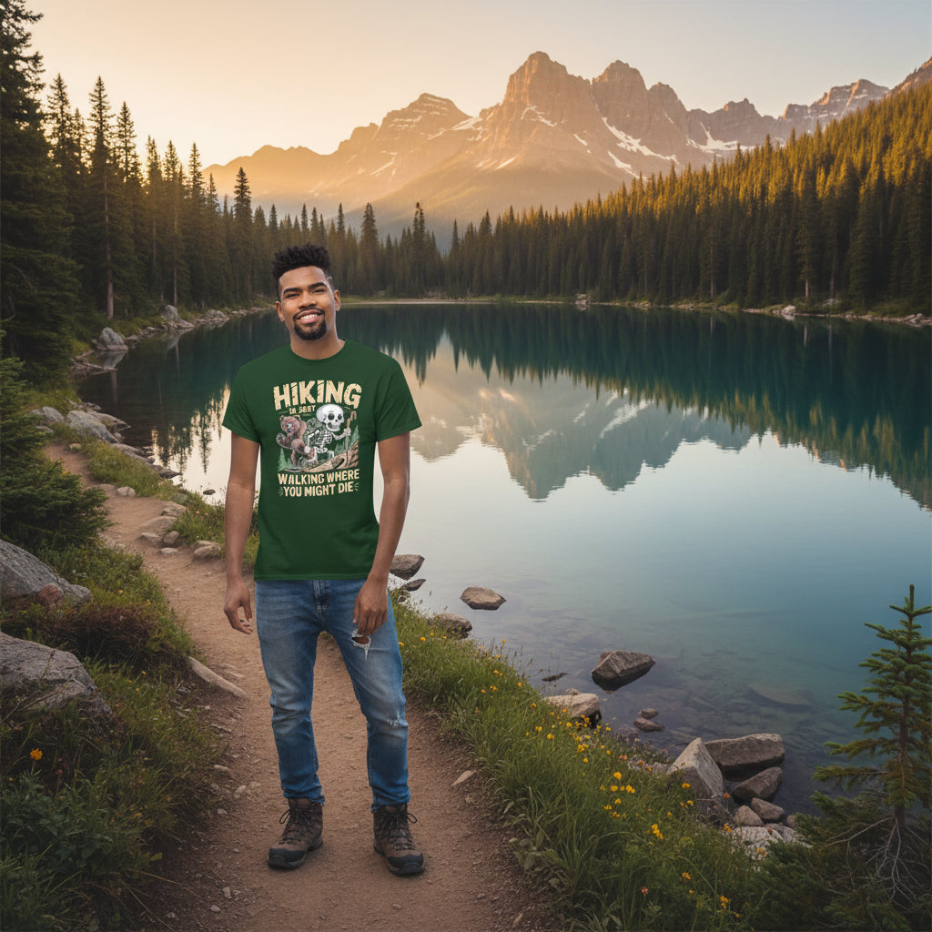 Forest green hiking T-shirt on model with skull-and-forest front graphic and text