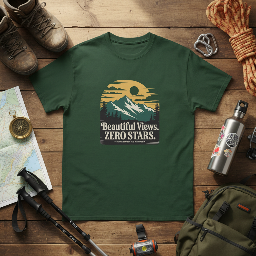 Forest green hiking t-shirt with landscape graphic reading “Beautiful Views. ZERO STARS”.