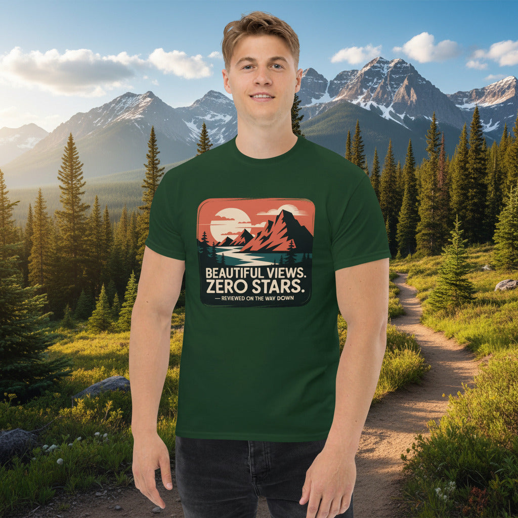 Green hiking T-shirt with mountain graphic and “Beautiful Views. Zero Stars” print.
