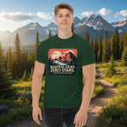 Green hiking T-shirt with mountain graphic and “Beautiful Views. Zero Stars” print.