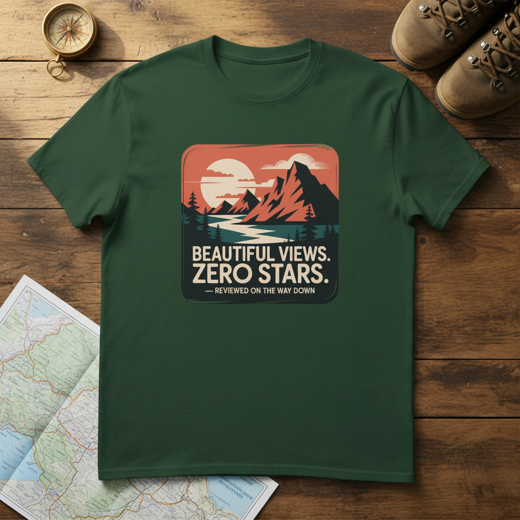 Hiking graphic T-shirt in forest green with “Beautiful Views, Zero Stars” square print