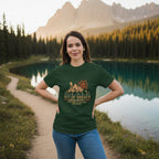 Funny hiking T-shirt, forest green, crew neck, centered compass and mountain graphic