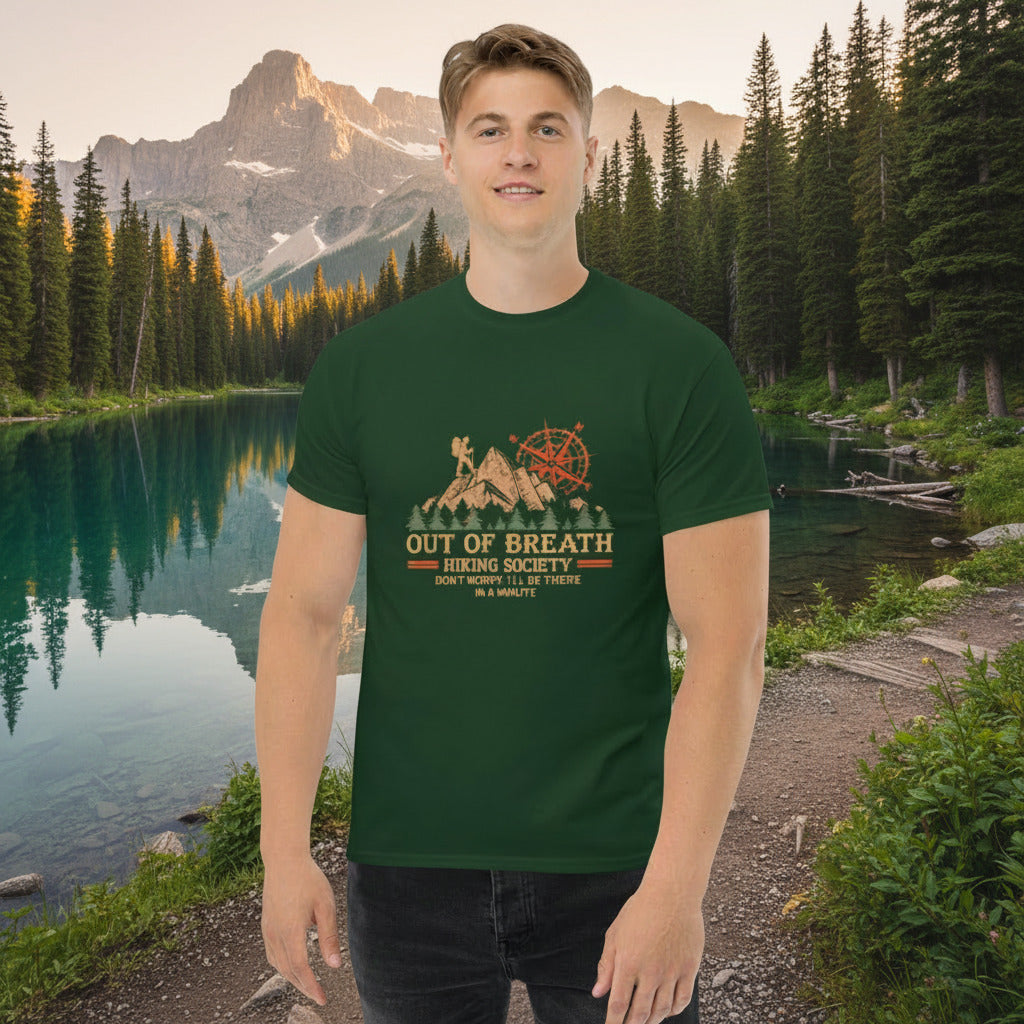 Forest green crew-neck hiking T-shirt with “Out of Breath” society graphic on front