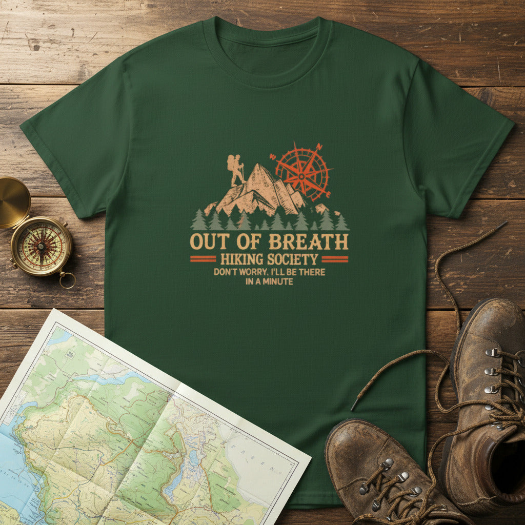 Funny hiking T-shirt, forest green, crew neck, front compass and mountain graphic