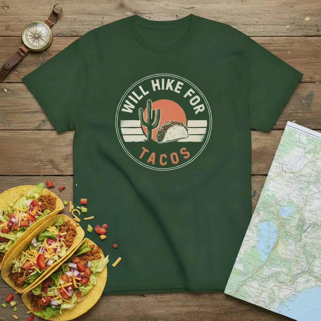 Green hiking T-shirt with circular cactus and tacos graphic on front