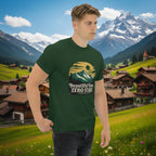 Hiking t-shirt in forest green with front mountain graphic and text