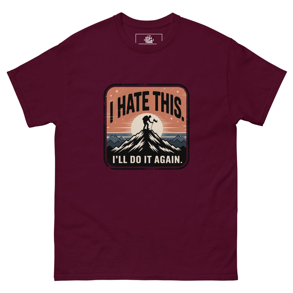 Maroon hiking T-shirt with front chest graphic text and mountain hiker silhouette