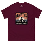 Maroon hiking T-shirt with front chest graphic text and mountain hiker silhouette