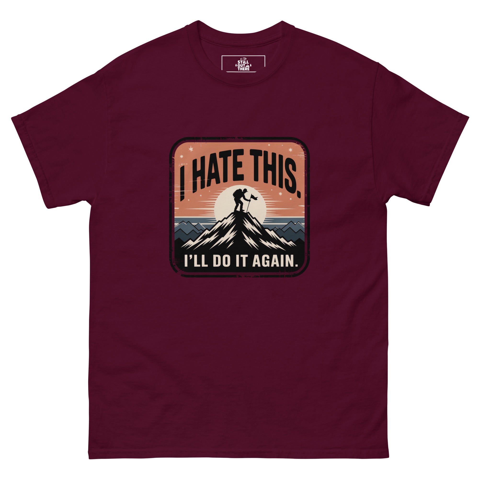 Maroon hiking T-shirt with front chest graphic text and mountain hiker silhouette