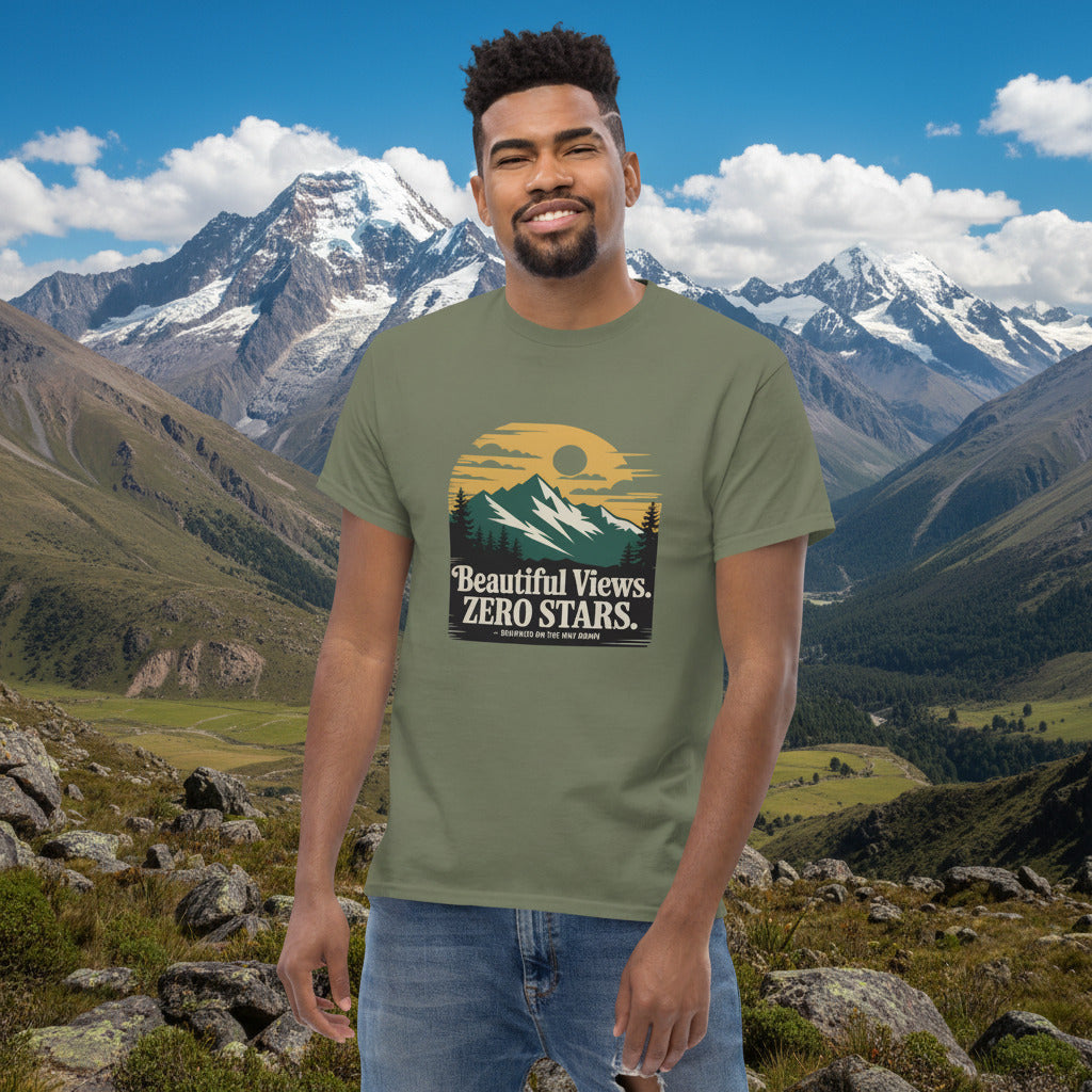 Hiking t-shirt in olive green with front mountain graphic and text