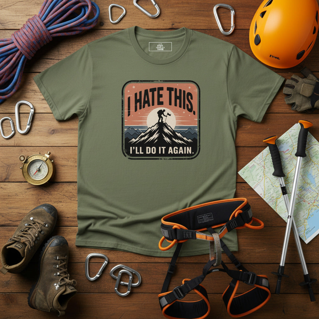 Dark green hiking T-shirt with chest graphic patch and logo text.