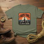 Olive hiking t-shirt with mountain graphic and I’LL DO IT AGAIN slogan