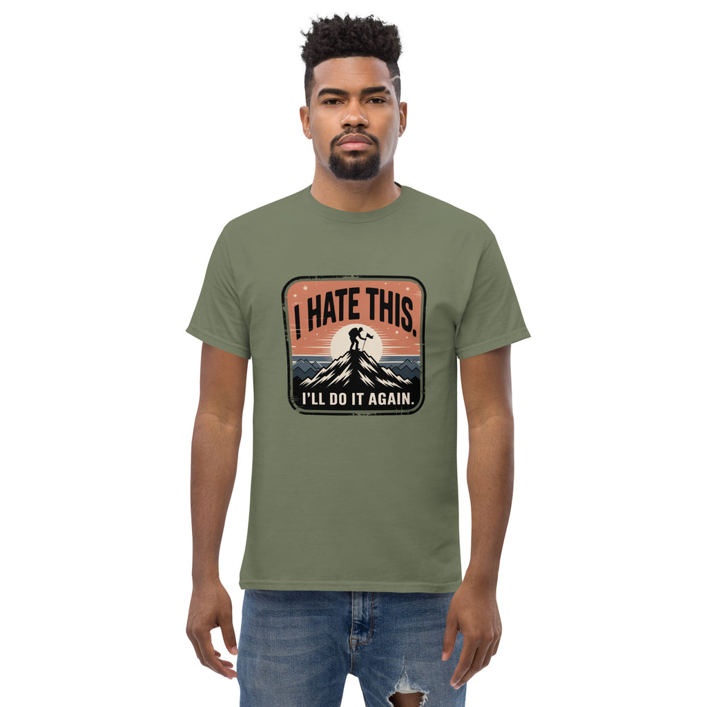 Olive green hiking t-shirt with mountain graphic and I’LL DO IT AGAIN slogan