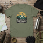 Military green hiking t-shirt with landscape graphic reading “Beautiful Views. ZERO STARS”.