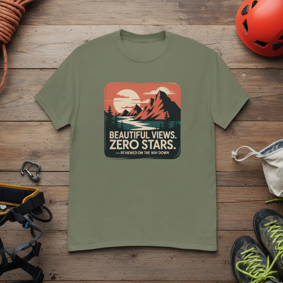 Hiking graphic T-shirt in dark green with “Beautiful Views, Zero Stars” print