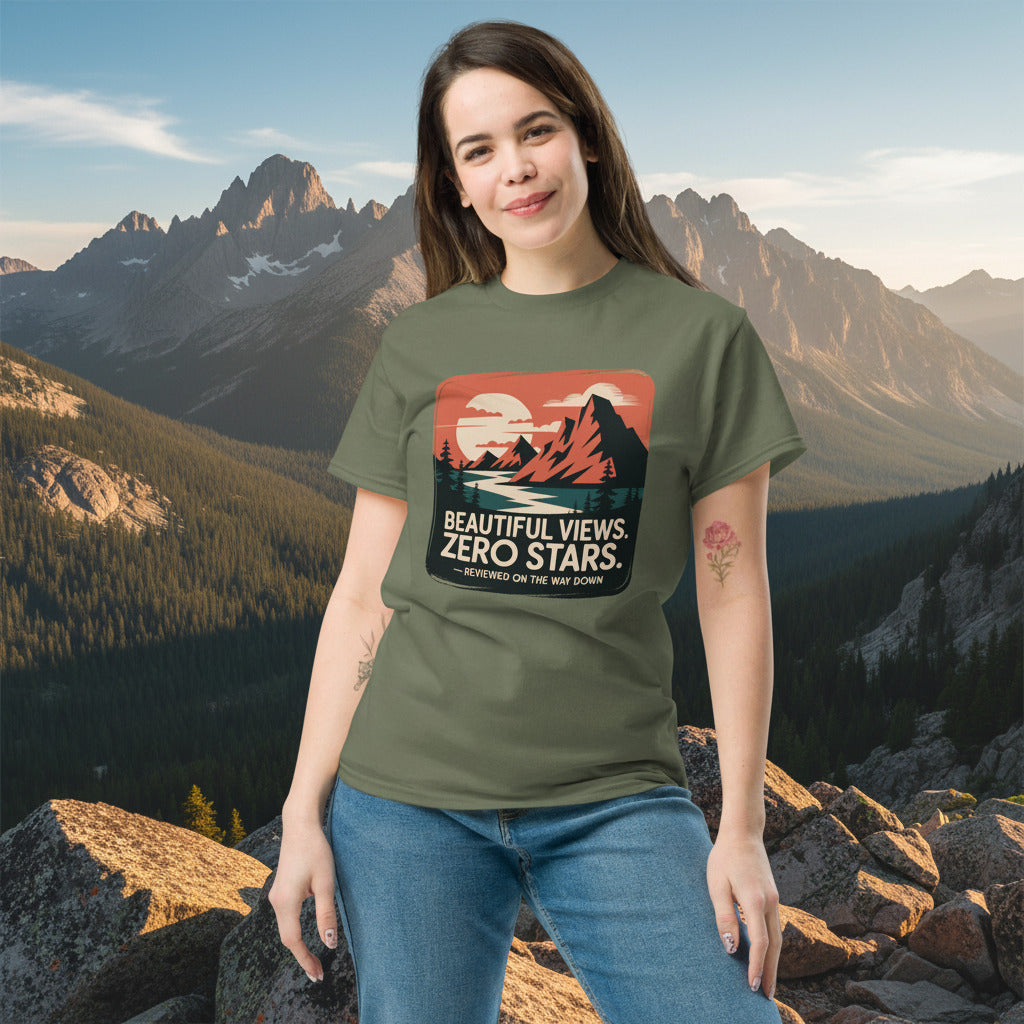 Olive green hiking T-shirt with mountain graphic and “Beautiful Views. Zero Stars” print.