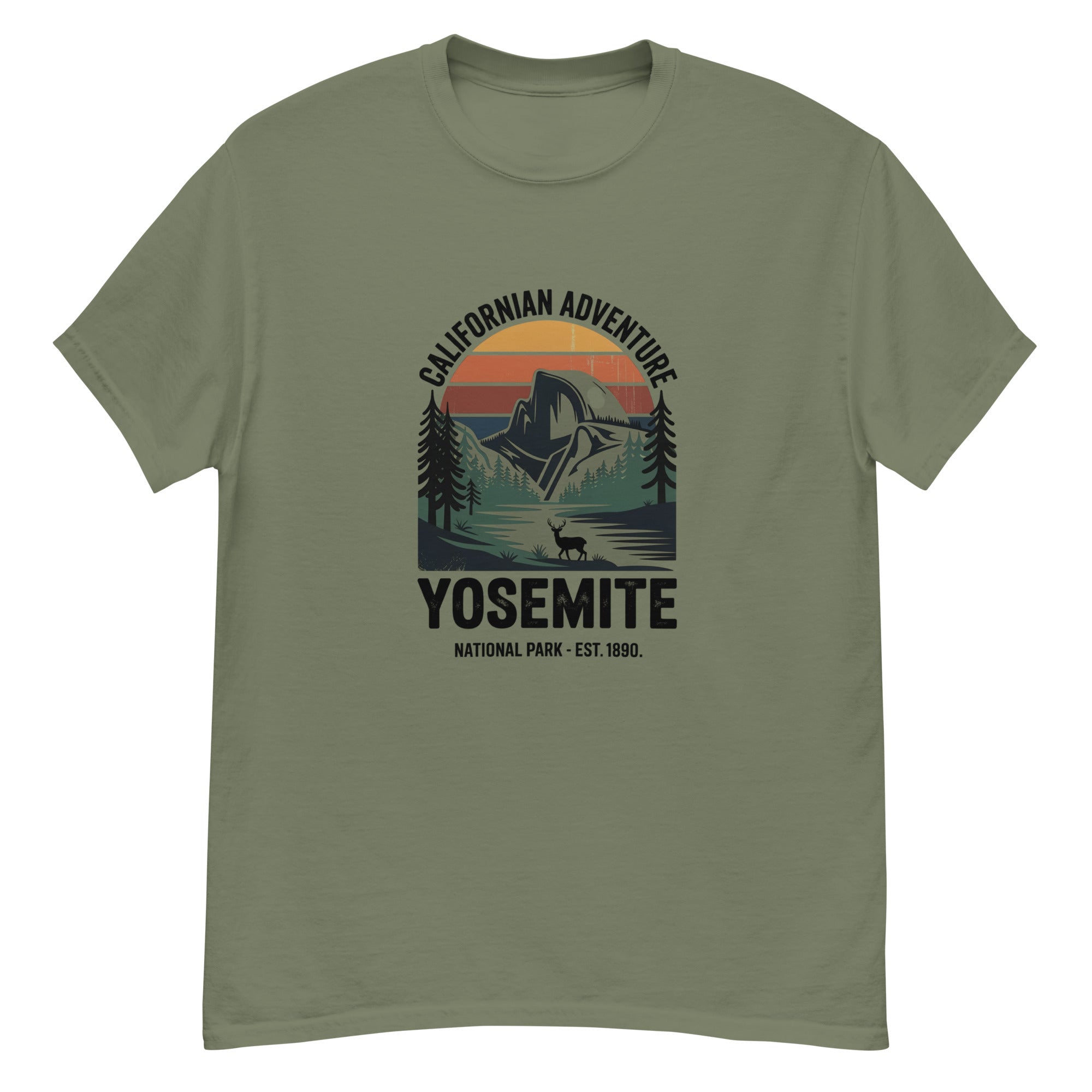 Olive Yosemite hiking T-shirt with front Yosemite graphic print