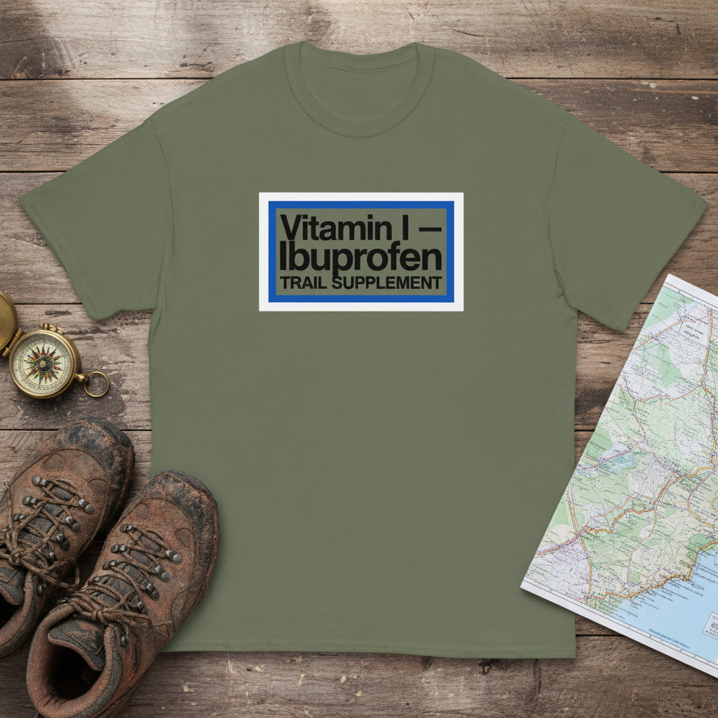 Olive green hiking T-shirt with front 'Vitamin I–Ibuprofen' trail supplement logo