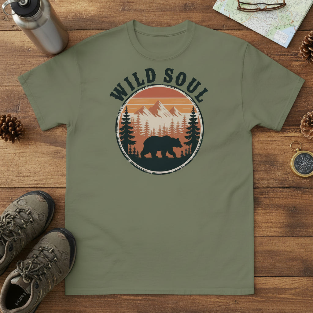 Military green bear camping T-shirt, round forest logo with 'WILD SOUL'