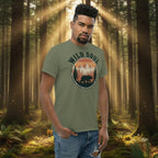 Military green bear camping T-shirt with round forest bear logo and 'WILD SOUL'