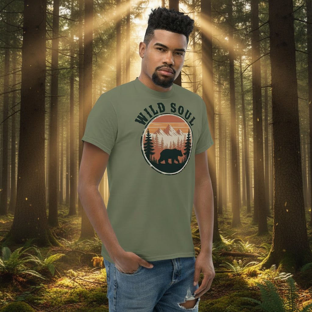 Military green bear camping T-shirt with round forest bear logo and 'WILD SOUL'