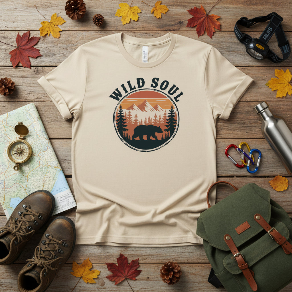 Wild Soul camping T-shirt, natural beige flat lay with bear forest emblem