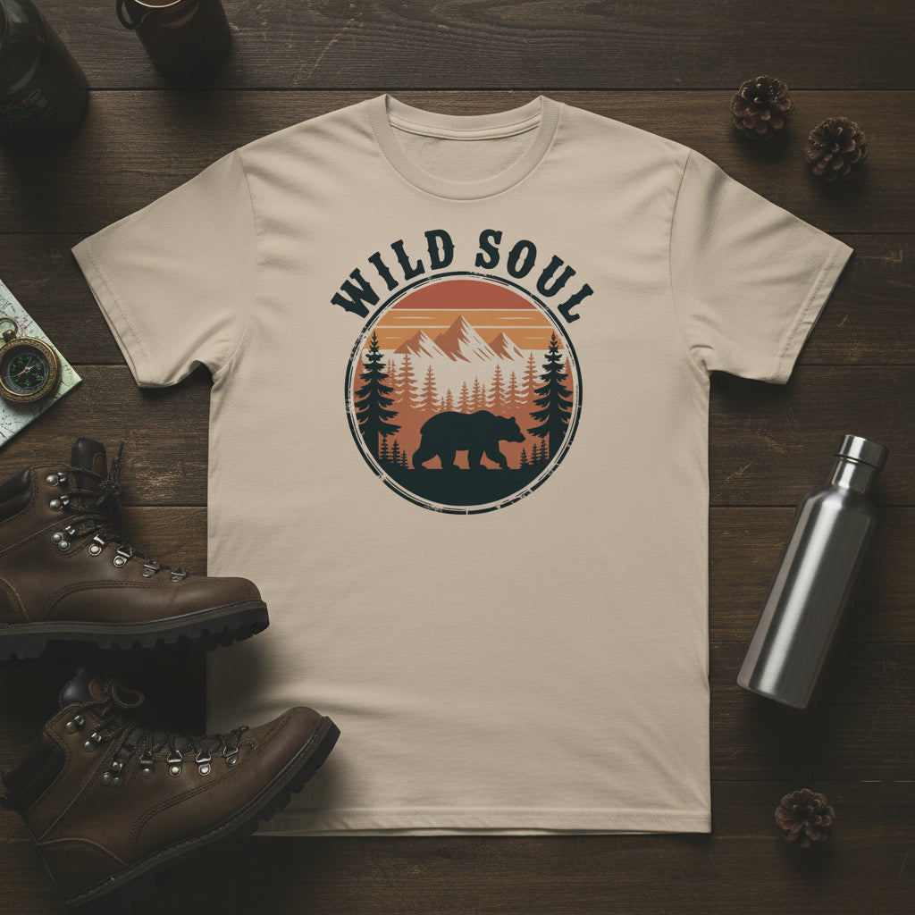 Natural cream bear camping T-shirt with round forest bear logo and 'WILD SOUL'
