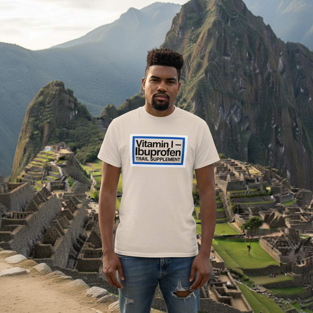 Cream Ibuprofen trail supplement T-shirt with rectangular logo front print