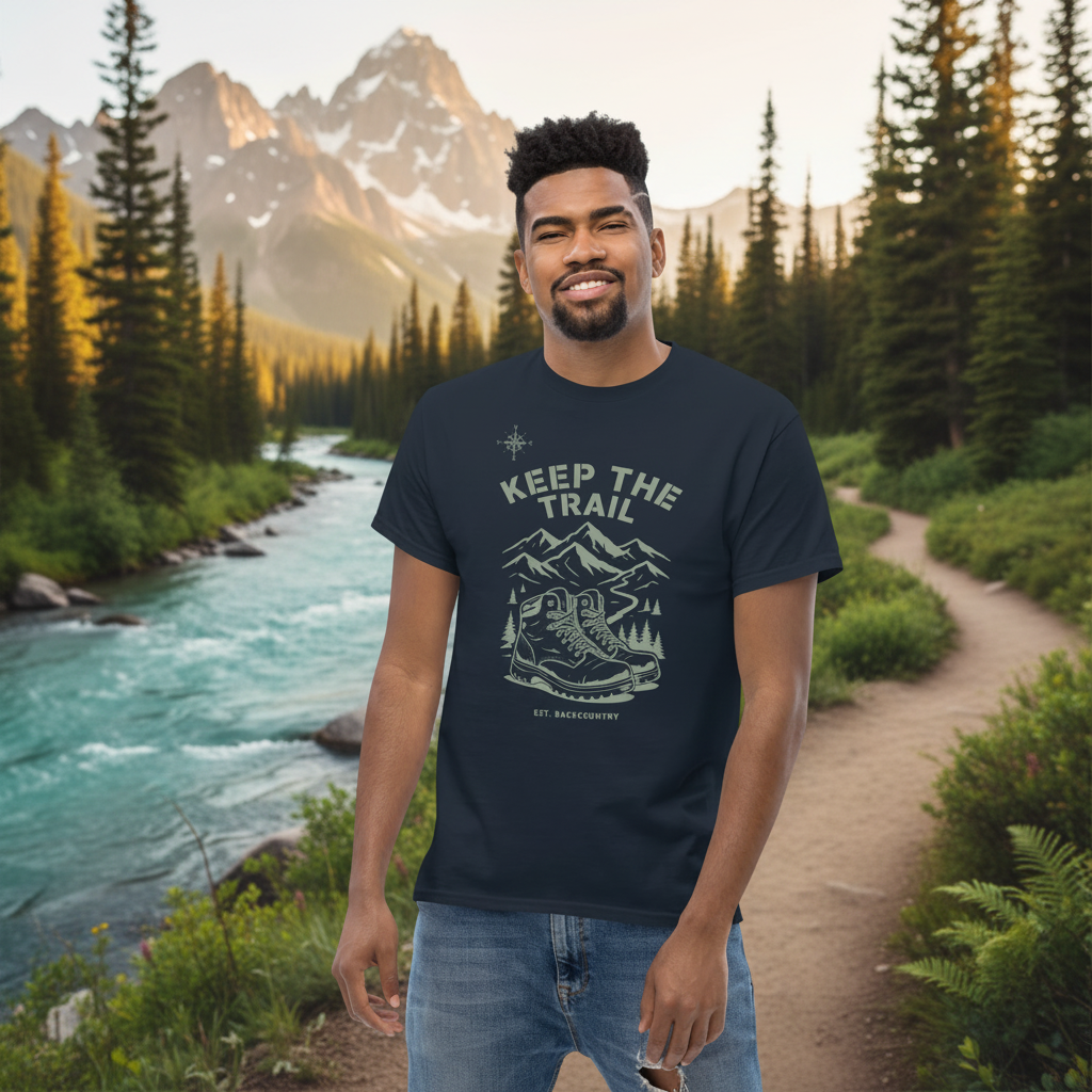Man wearing a navy blue t-shirt with 'Keep the Trail' graphic design on a white background
