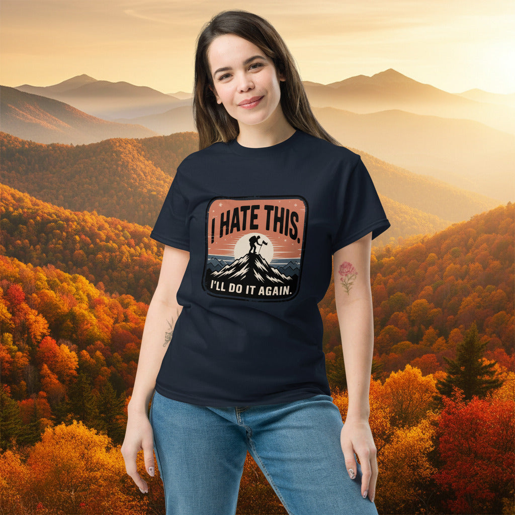 Black hiking T-shirt with chest logo patch showing mountain silhouette and text.