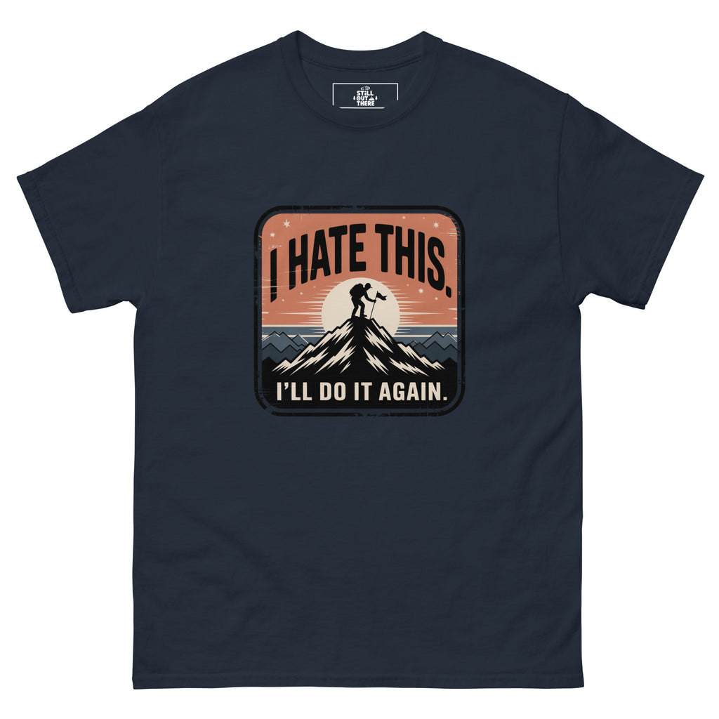 Navy hiking t-shirt with mountain graphic and I’LL DO IT AGAIN slogan
