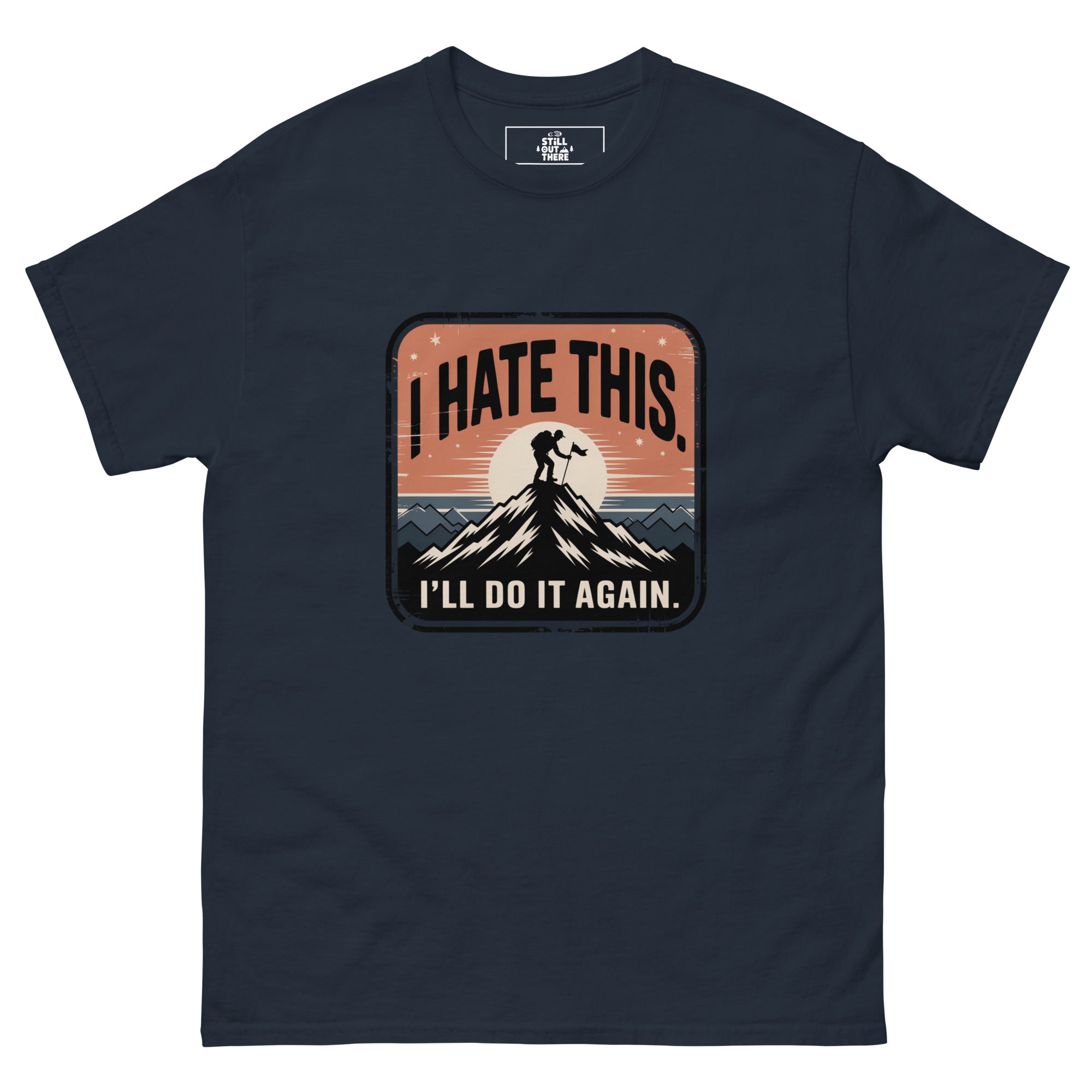 Navy hiking t-shirt with mountain graphic and I’LL DO IT AGAIN slogan
