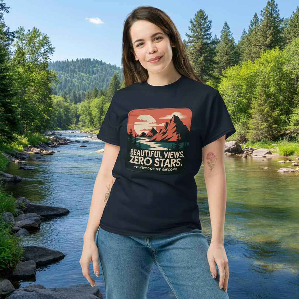 Hiking graphic T-shirt in dark navy with “Beautiful Views, Zero Stars” front print