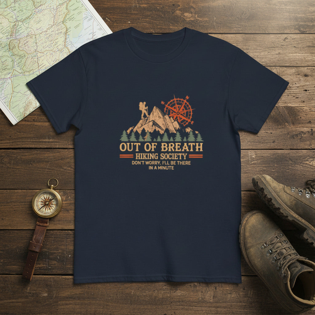 Funny hiking T-shirt, dark navy, crew neck, front compass and mountain graphic
