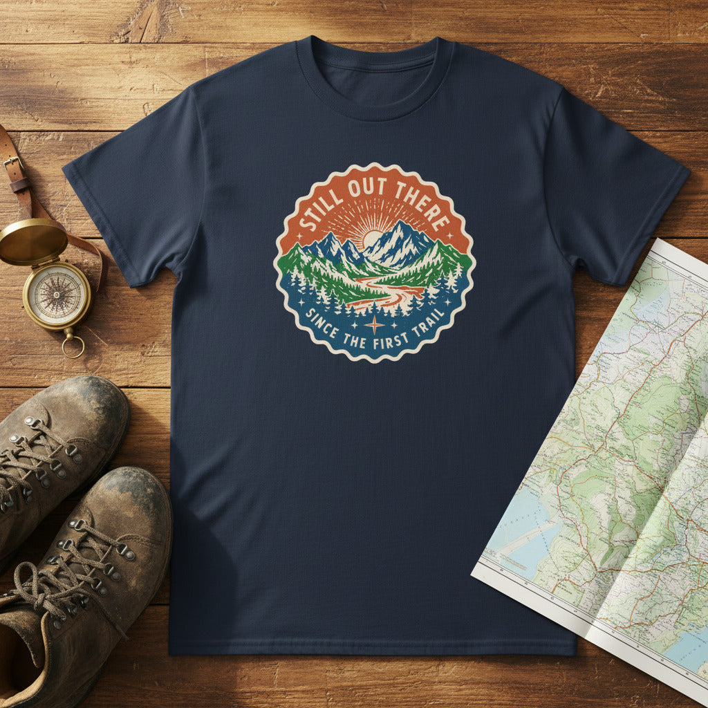 Navy hiking t-shirt with circular trail badge graphic at center chest.