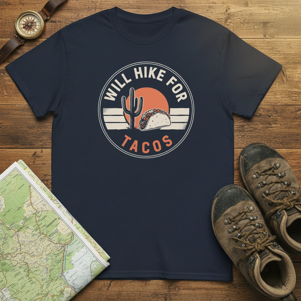 Dark navy T-shirt, flat lay, with circular cactus and taco “Will Hike For Tacos” graphic