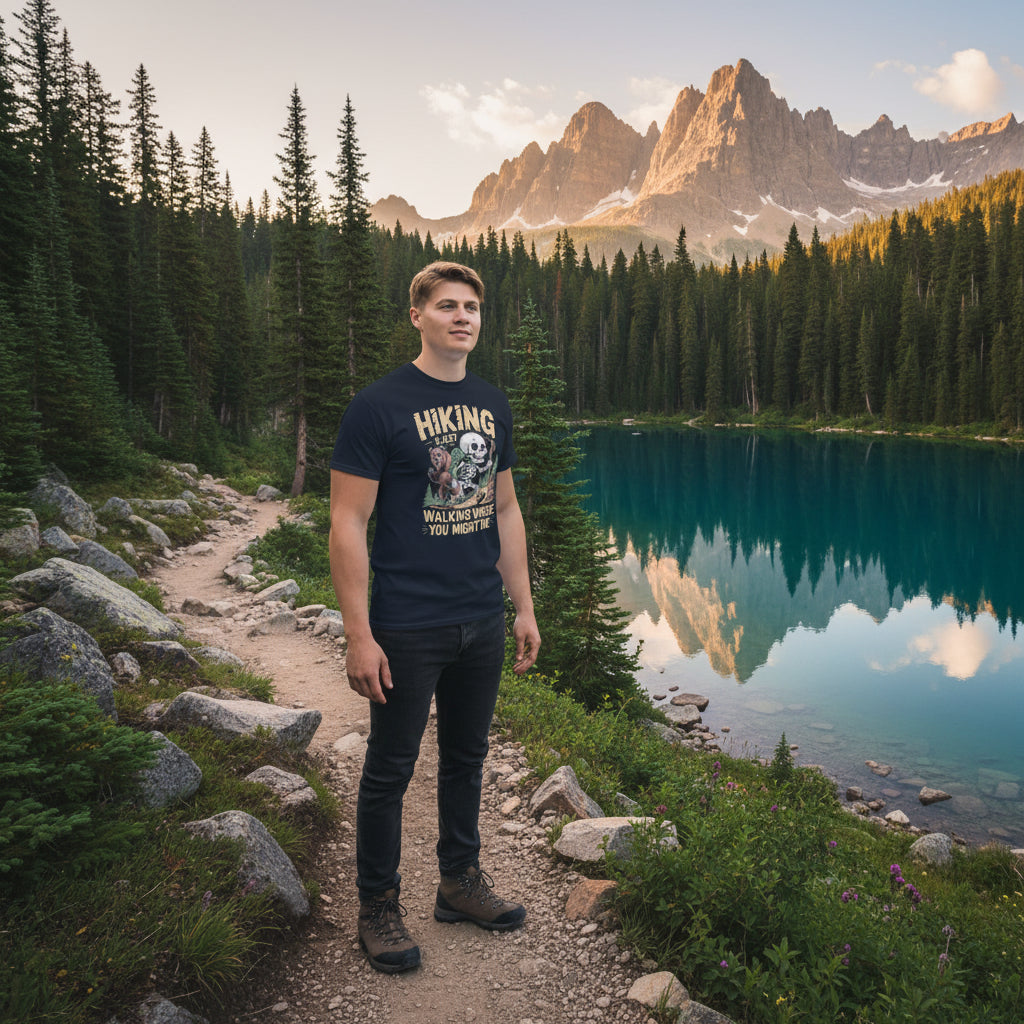Black hiking T-shirt on model, featuring skull-and-forest front graphic and slogan