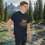 Funny hiking T-shirt, dark navy, crew neck, large chest compass and mountain print