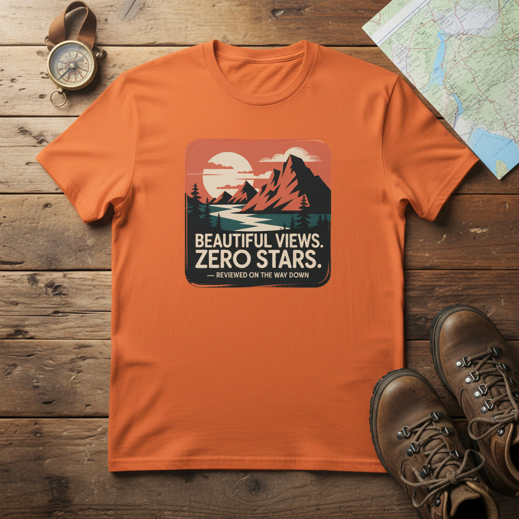 Orange hiking T-shirt with mountain graphic and “Beautiful Views. Zero Stars” print.