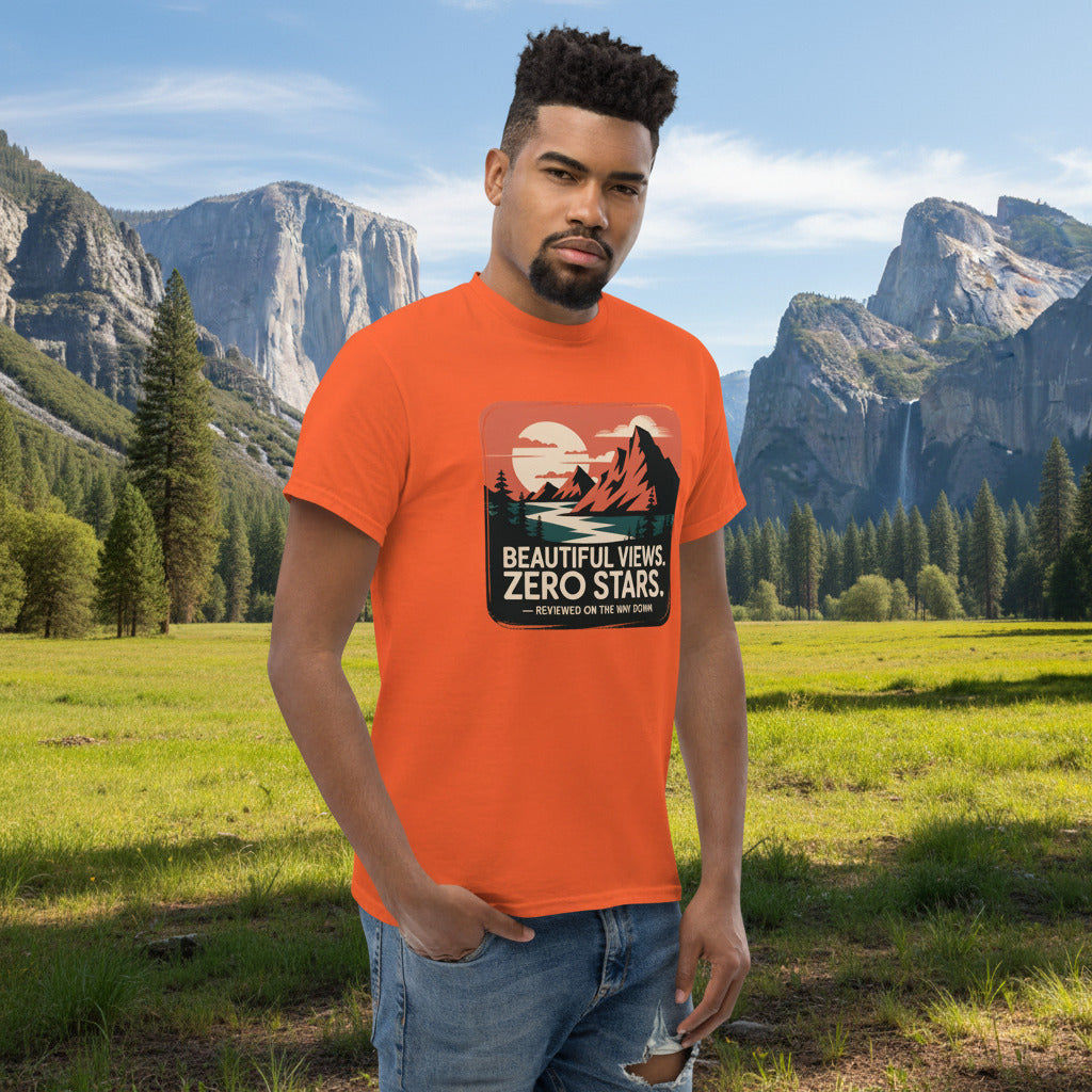 Hiking graphic T-shirt in orange with “Beautiful Views, Zero Stars” front graphic
