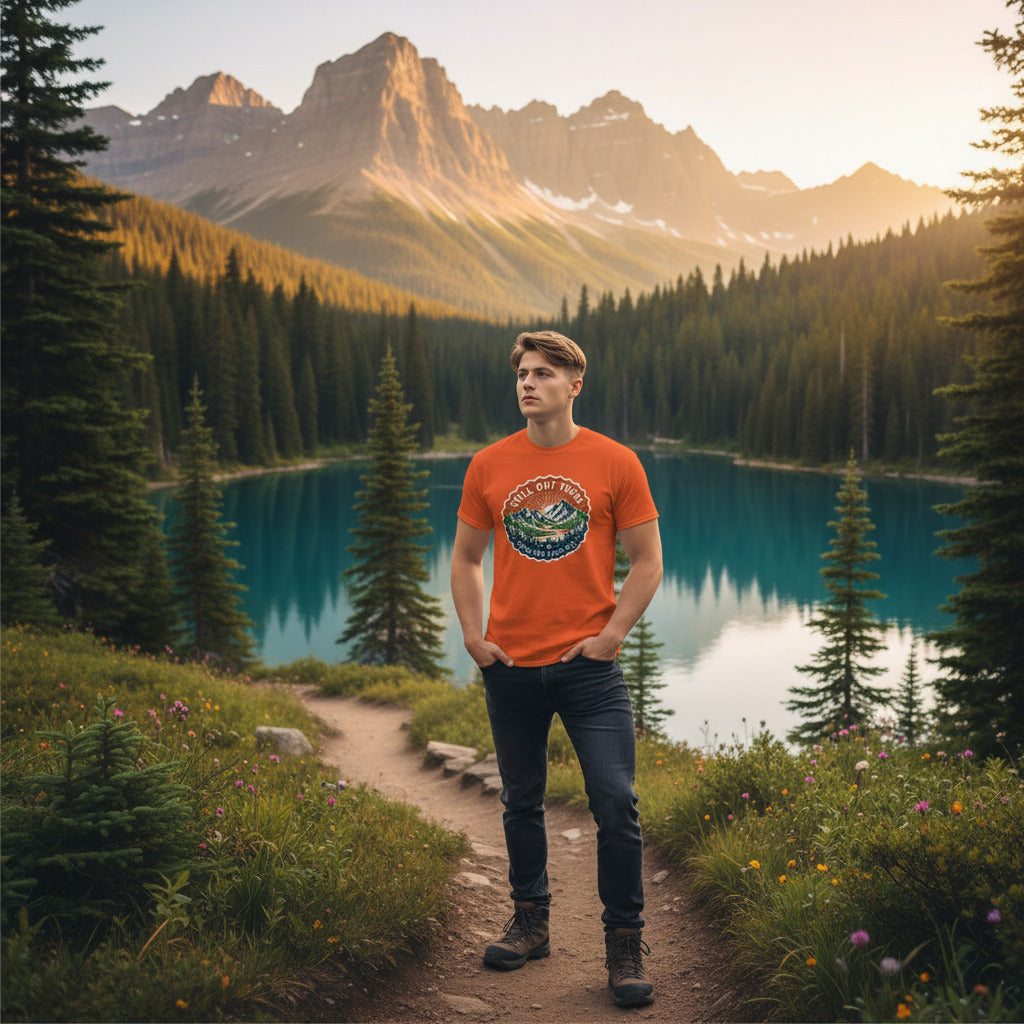 Orange T-shirt with a circular trail badge graphic on the chest.