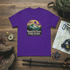 Purple hiking t-shirt with landscape graphic reading “Beautiful Views. ZERO STARS”.