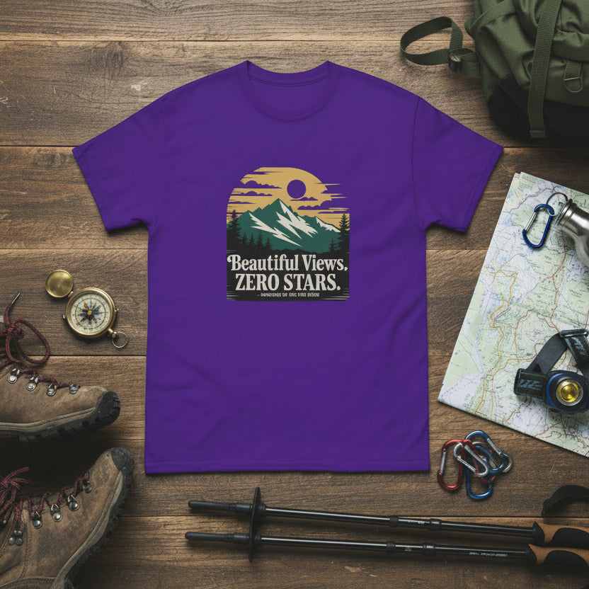 Purple hiking t-shirt with landscape graphic reading “Beautiful Views. ZERO STARS”.