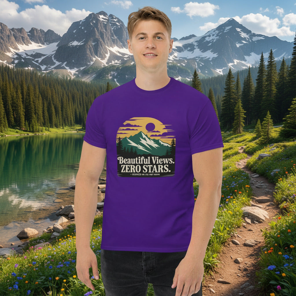 Purple hiking t-shirt with “Beautiful Views. ZERO STARS” landscape chest graphic.