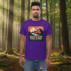 Hiking graphic T-shirt in purple with “Beautiful Views, Zero Stars” chest graphic