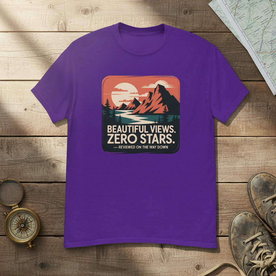 Purple hiking T-shirt with mountain graphic and “Beautiful Views. Zero Stars” print.